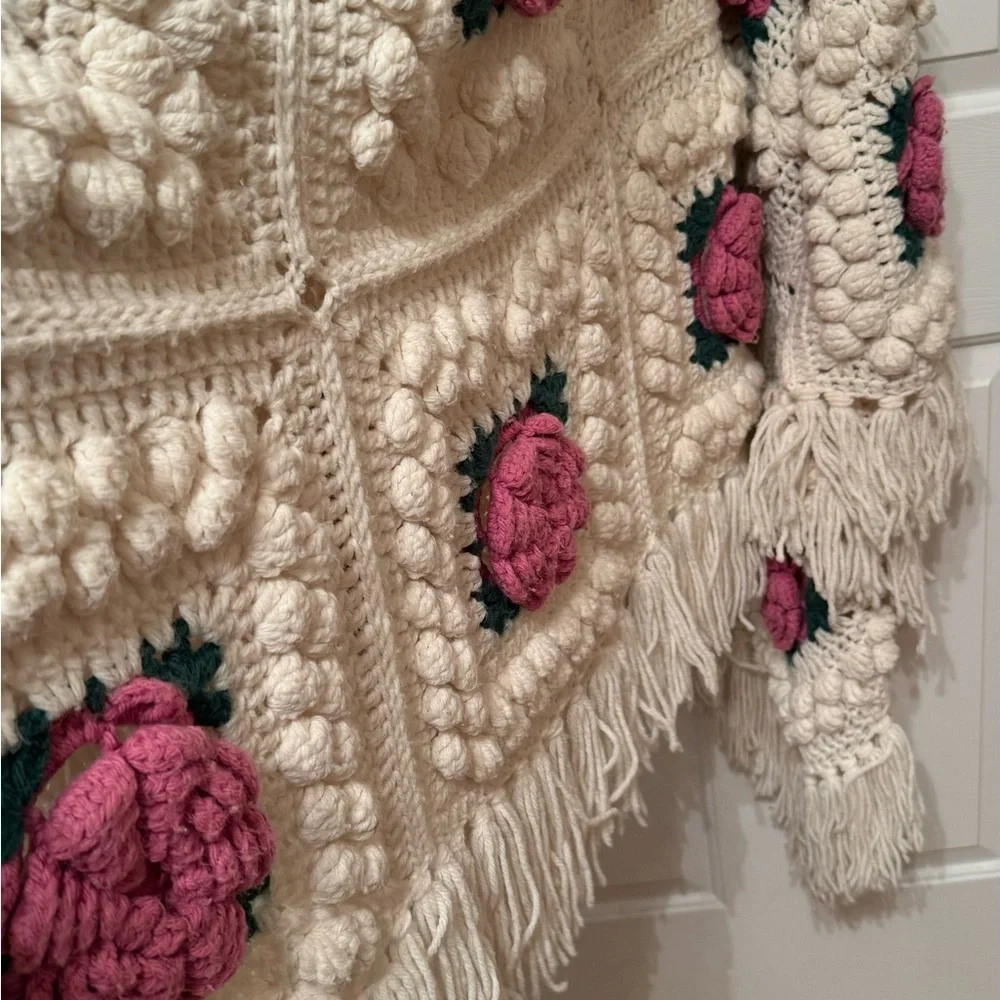 Cream and Rose Popcorn Granny Handmade Crocheted Afghan